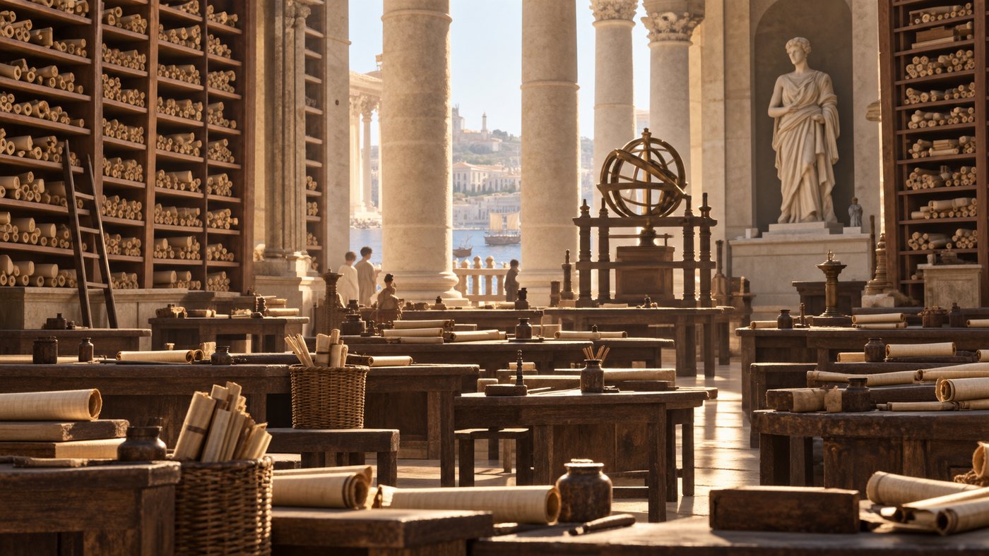 The reading hall of the Great Library of Alexandria